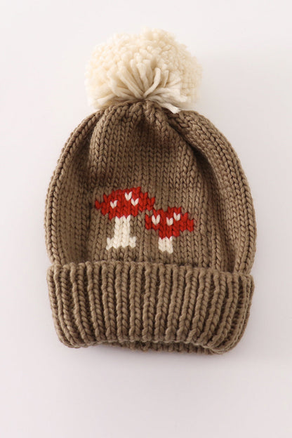 Brown Mushroom Pom Pom Beanie