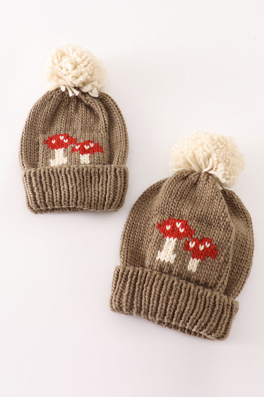 Brown Mushroom Pom Pom Beanie