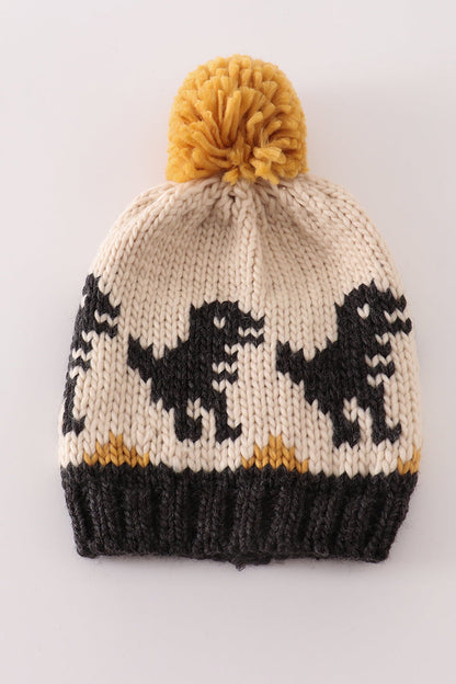 Black Pompom Dinosaur Cable Beanie