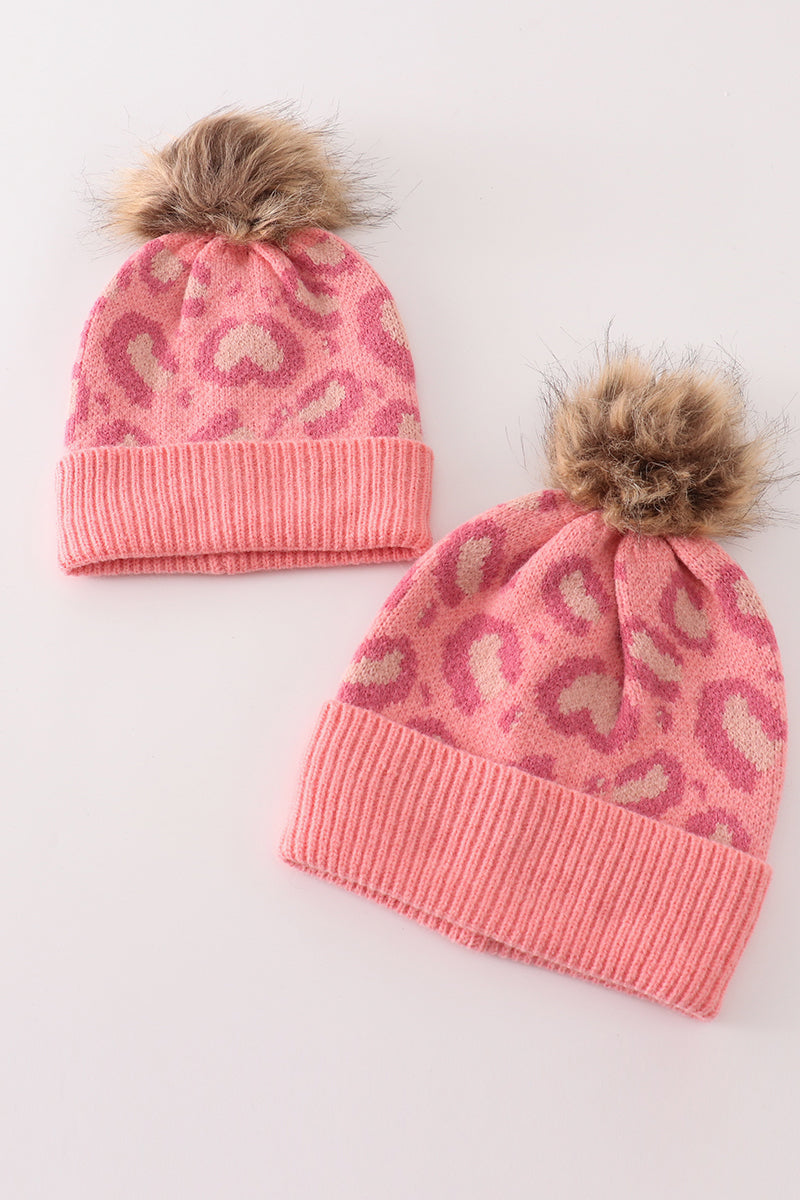 Pink leopard Cable Pom Pom Beanie