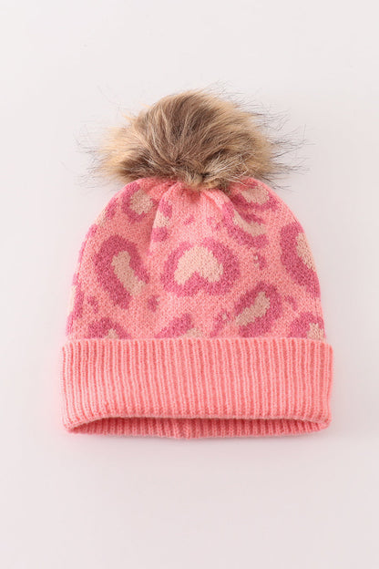 Pink leopard Cable Pom Pom Beanie