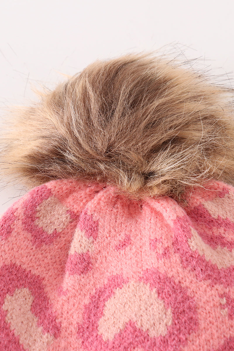 Pink leopard Cable Pom Pom Beanie