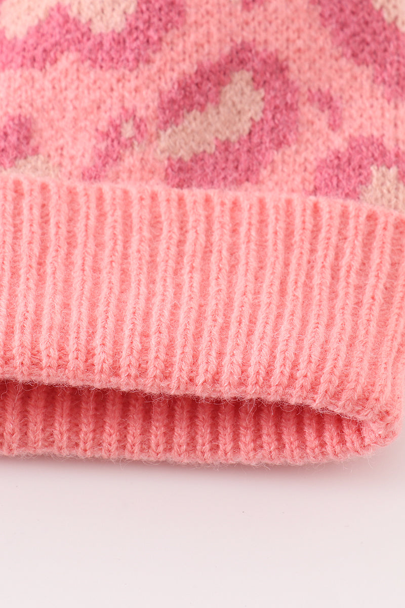 Pink leopard Cable Pom Pom Beanie