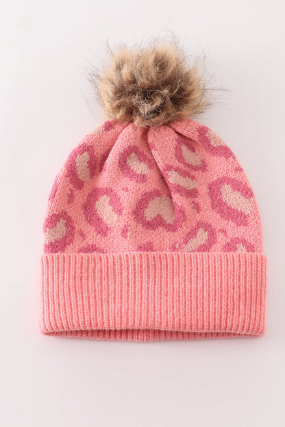 Pink leopard Cable Pom Pom Beanie