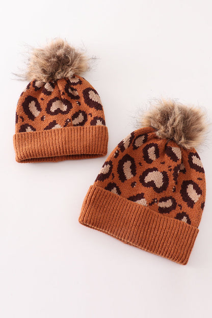 Brown Leopard Pom Pom Beanie