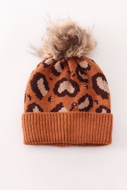 Brown Leopard Pom Pom Beanie