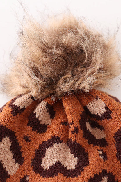 Brown Leopard Pom Pom Beanie