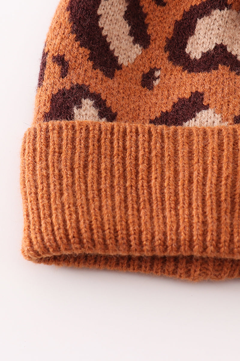 Brown Leopard Pom Pom Beanie