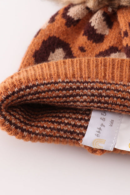 Brown Leopard Pom Pom Beanie