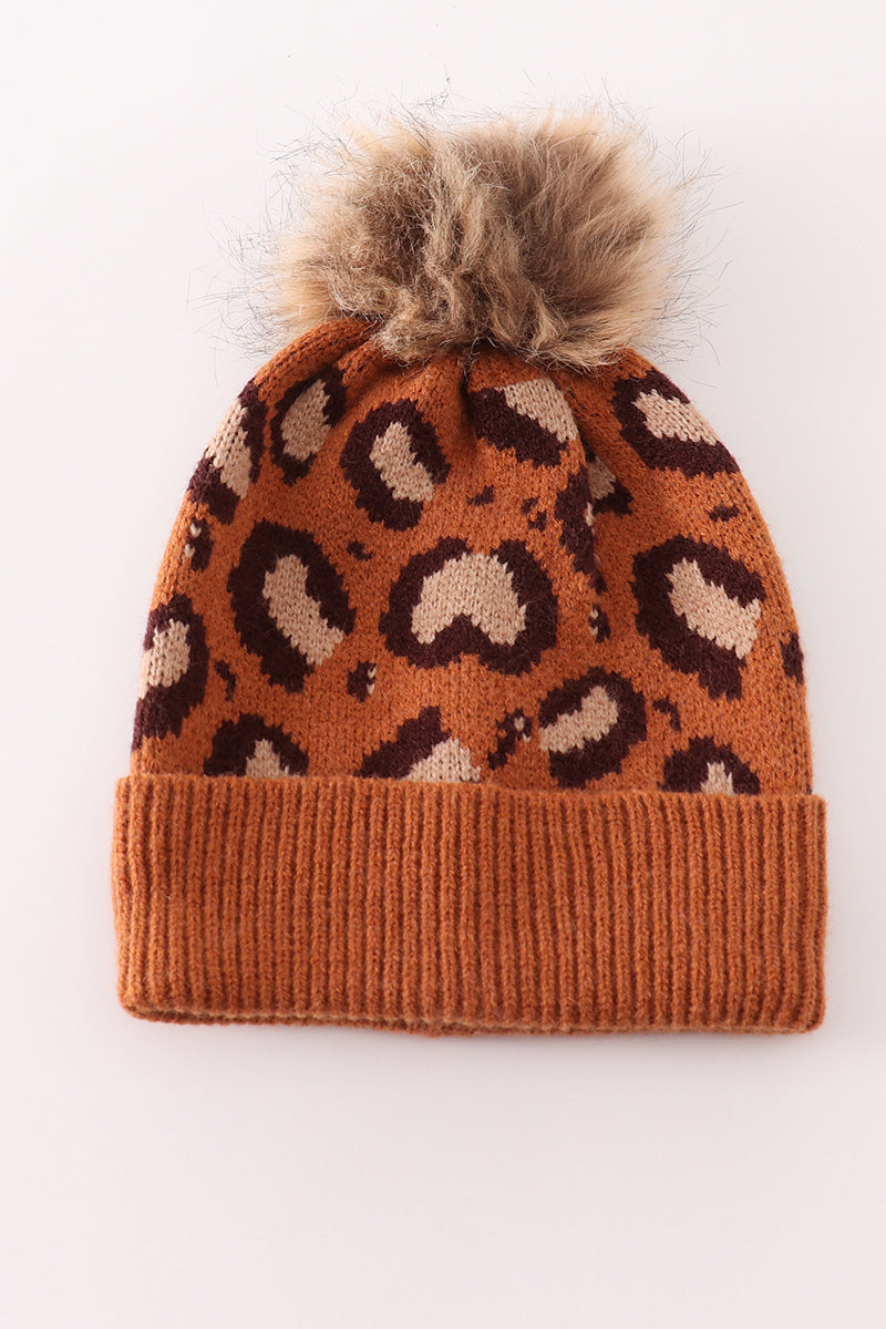 Brown Leopard Pom Pom Beanie