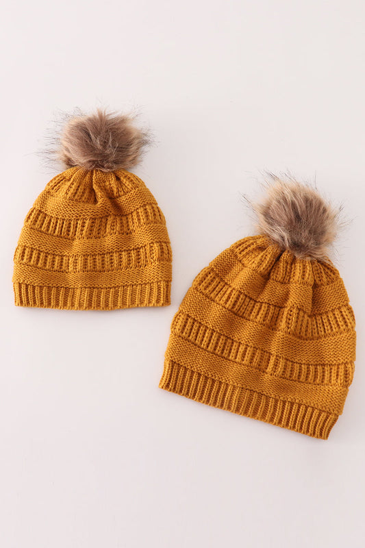 Mustard Pom Pom Cable Beanie