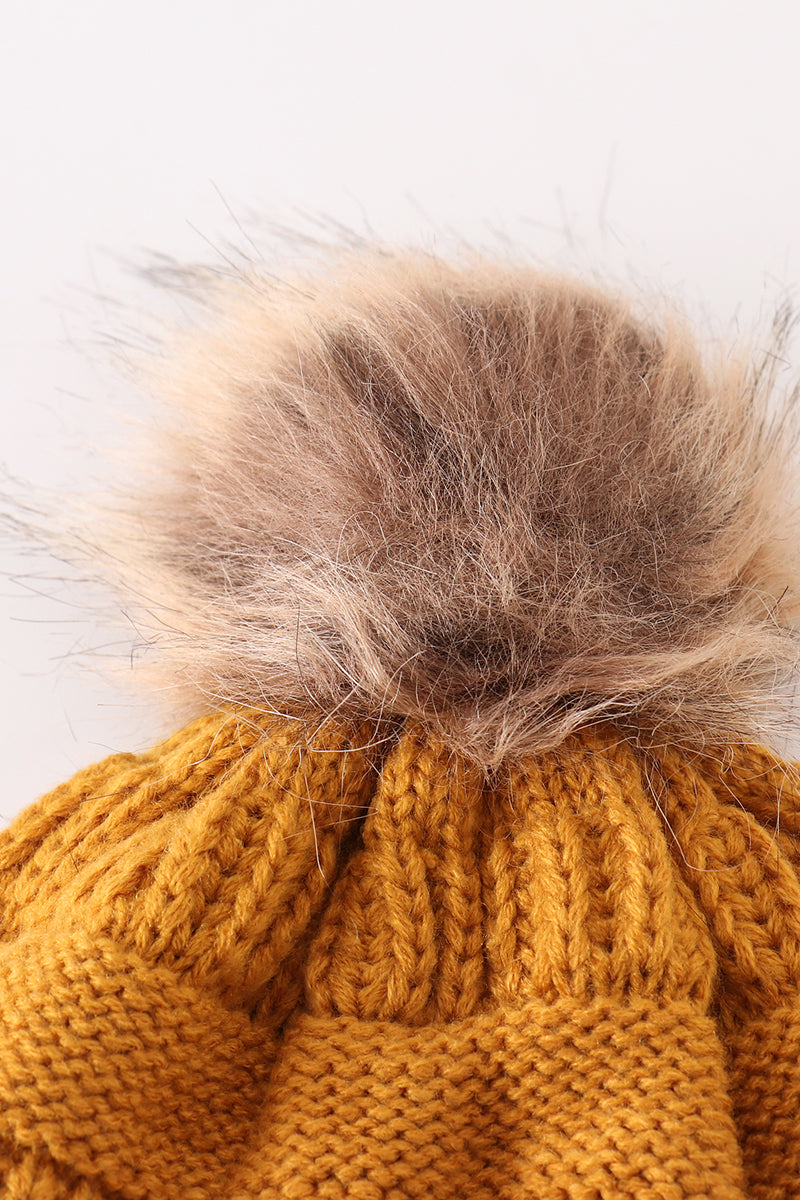 Mustard Pom Pom Cable Beanie