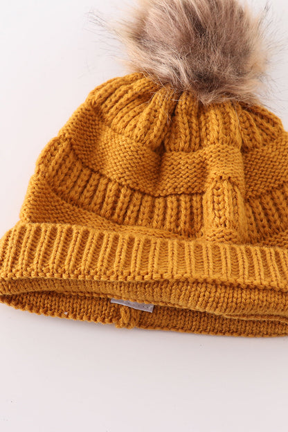 Mustard Pom Pom Cable Beanie