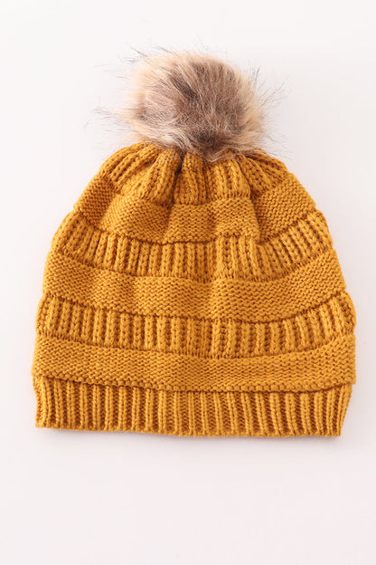 Mustard Pom Pom Cable Beanie