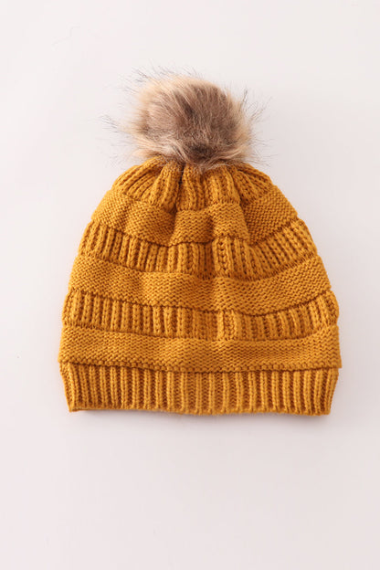 Mustard Pom Pom Cable Beanie