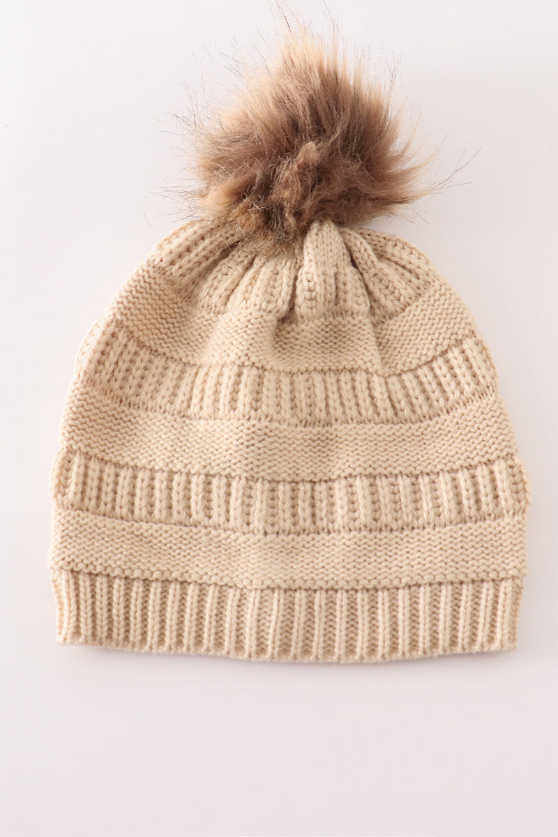 Beige Pom Pom Beanie