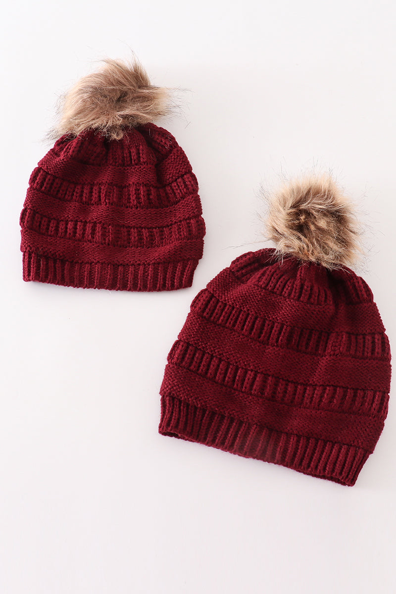 Burgundy Pom Pom  Cable Beanie