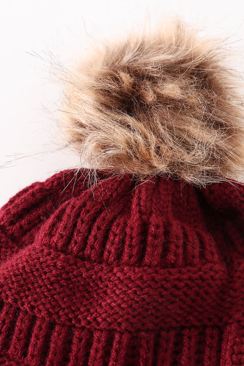 Burgundy Pom Pom  Cable Beanie