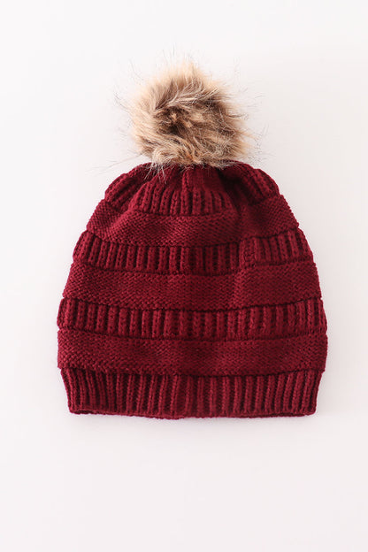 Burgundy Pom Pom  Cable Beanie