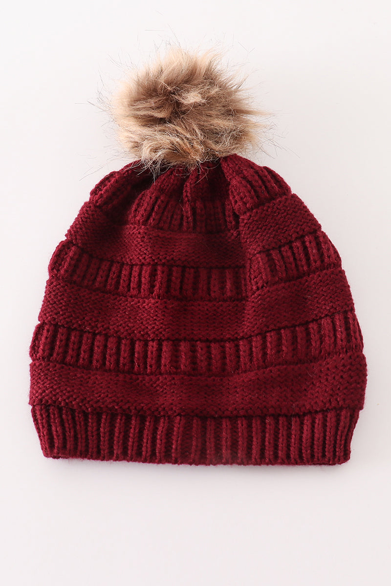 Burgundy Pom Pom  Cable Beanie