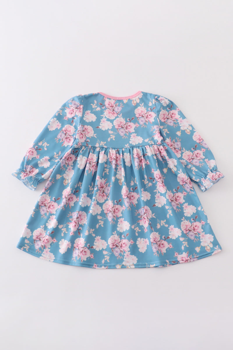 Blue Floral Print Girl Dress