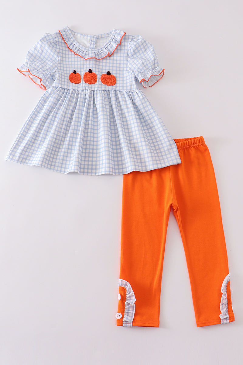 Pumpkin French Knot Plaid Girl Set