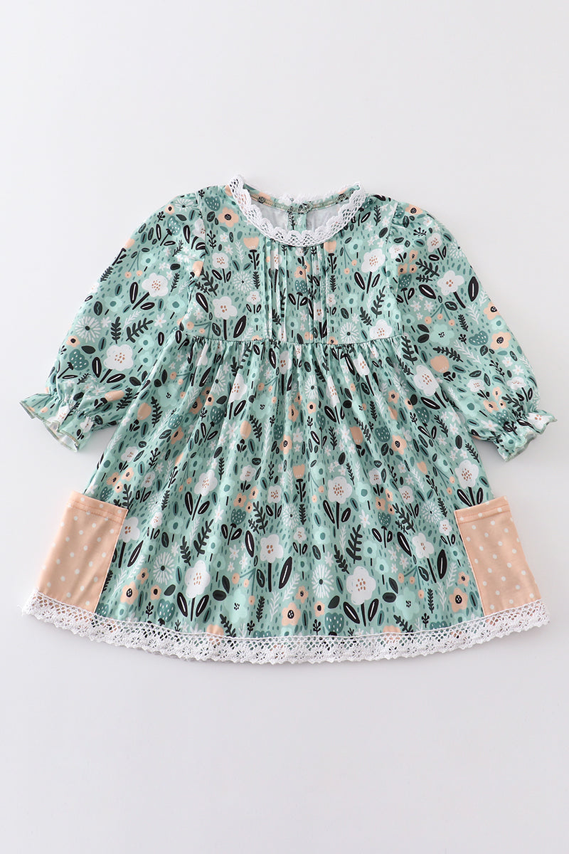 Green Floral Print Girl Dress