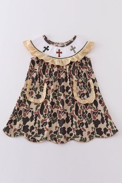 Camouflage Easter Cross Smocked Girl Dress