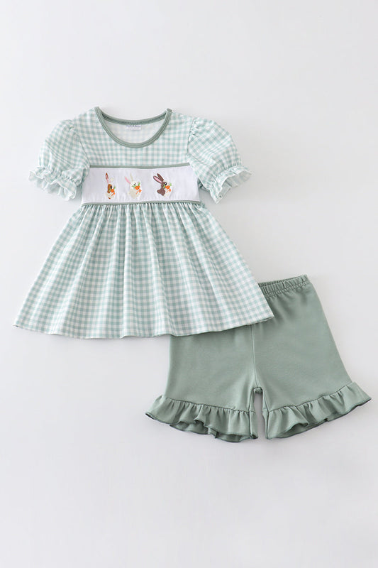 Green Plaid Bunny Embroidery Girl Set