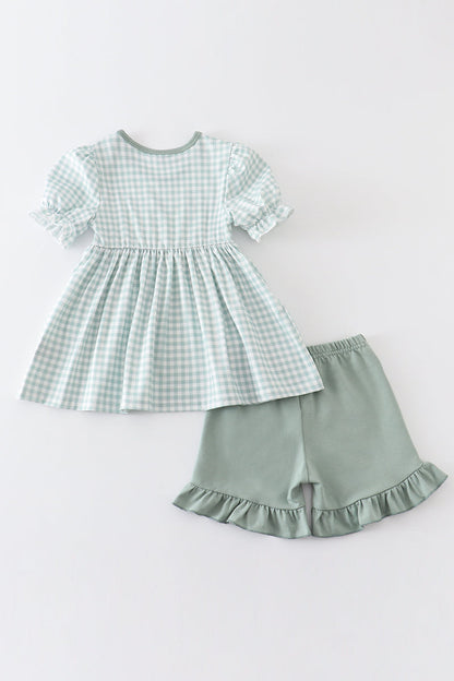 Green Plaid Bunny Embroidery Girl Set