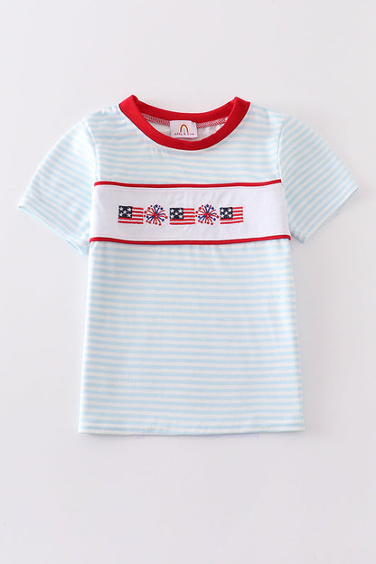 Blue Patriotic Flag Embroidery Stripe - Boy Top