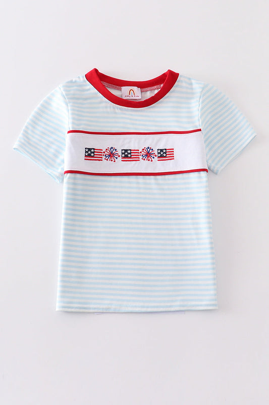 Blue Patriotic Flag Embroidery Stripe - Boy Top