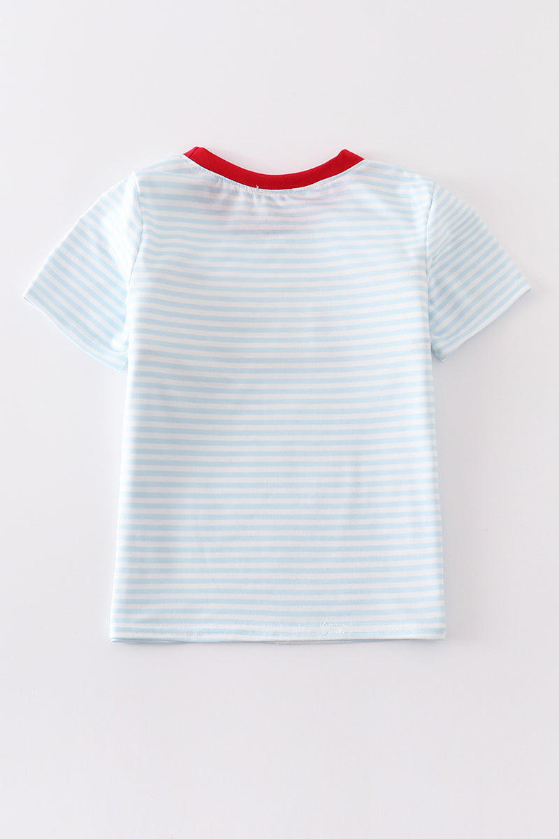 Blue Patriotic Flag Embroidery Stripe - Boy Top