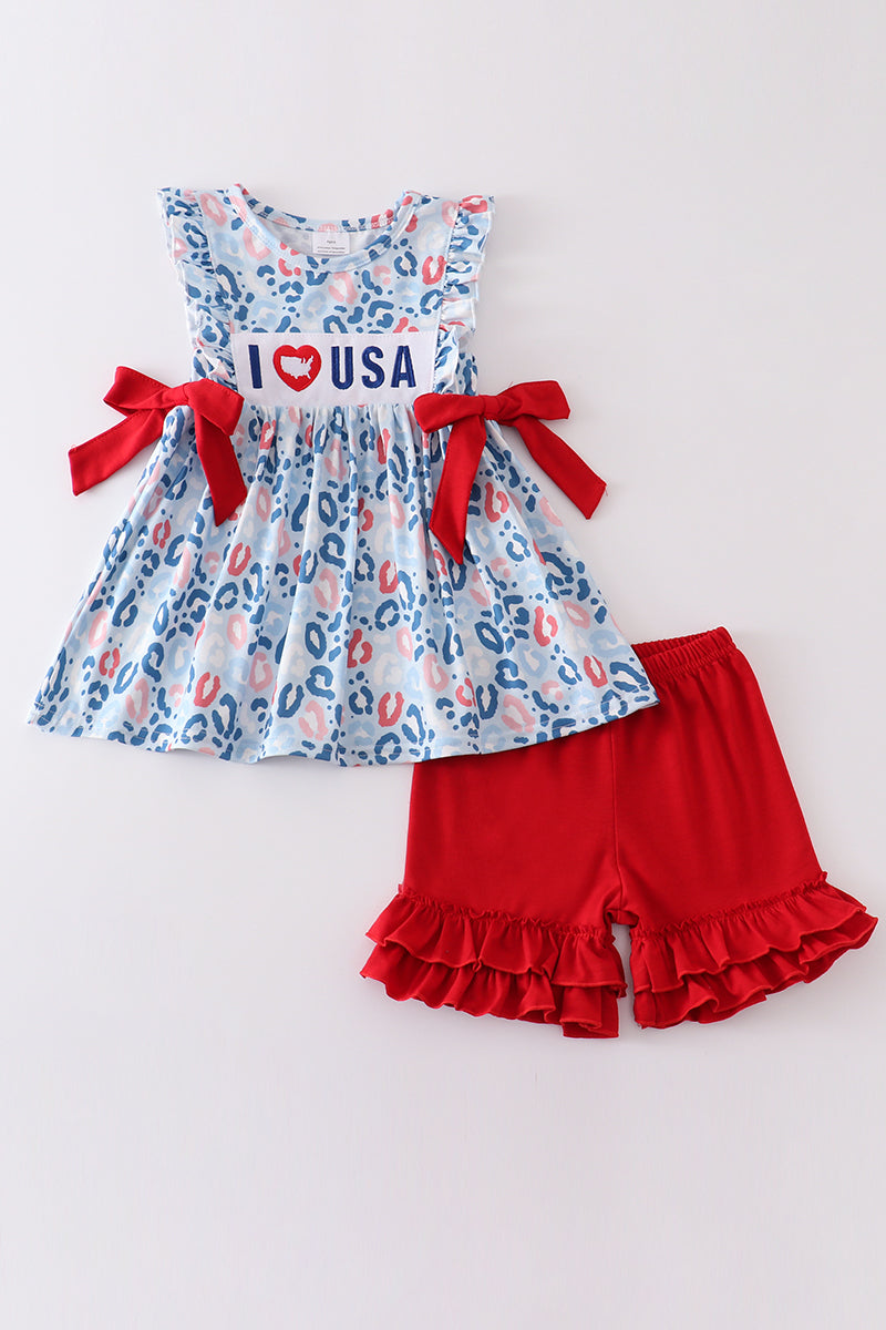 I Love USA Patriotic Embroidery Girl Set