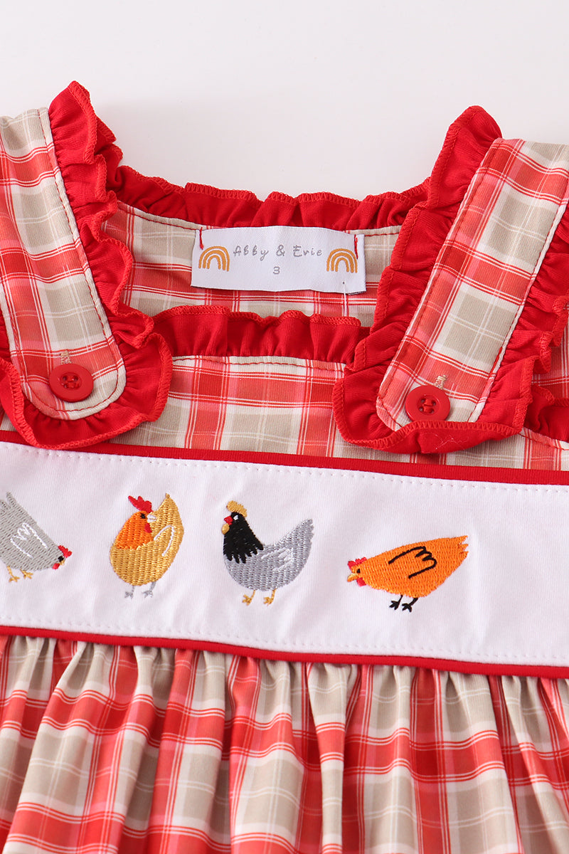 Red Chicken Embroidery Plaid Girl Set