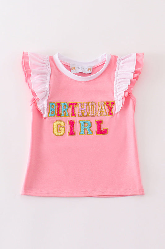 Coral Birthday French Knot Ruffle - Girls Top