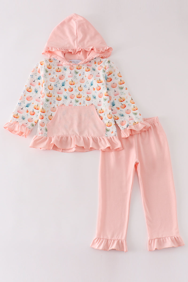 Pink Pumpkin Print Girl Hoodie Set