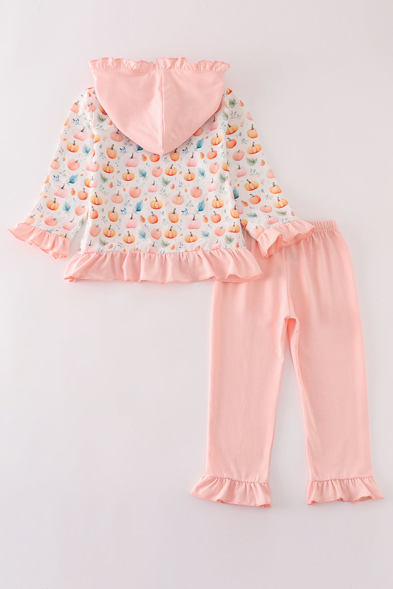 Pink Pumpkin Print Girl Hoodie Set