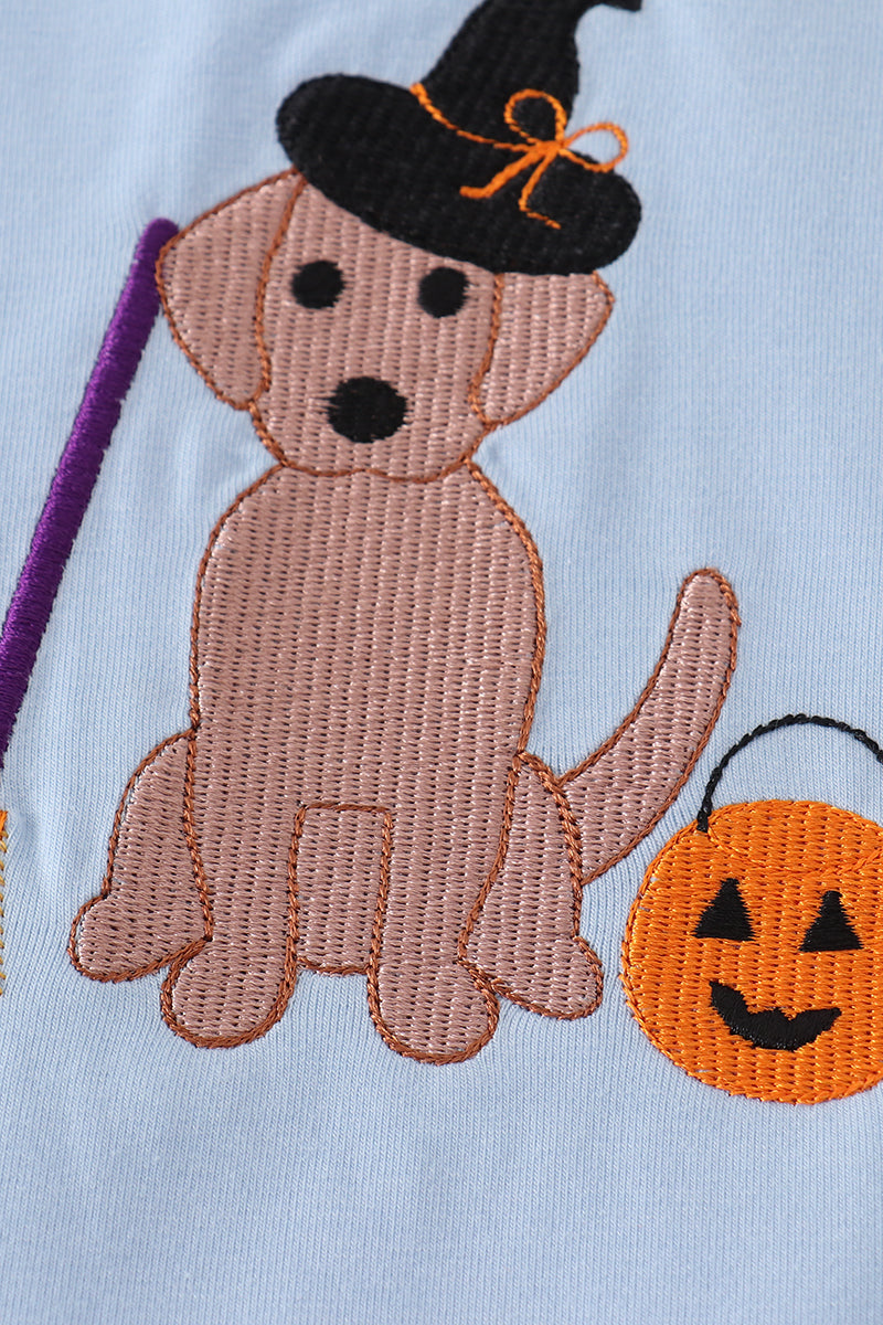 Blue Halloween Witch Dog Embroidery - Girl Set