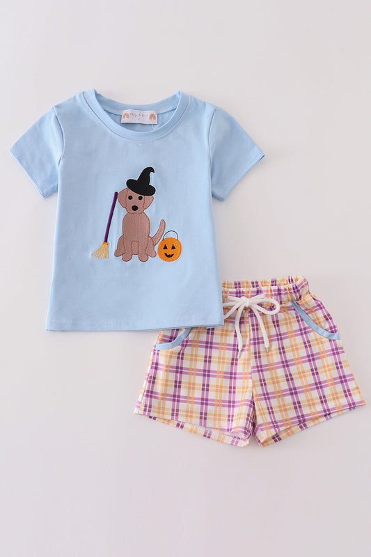 Blue Halloween Witch Dog Embroidery - Boy Shorts Set