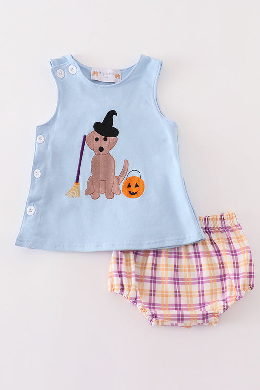 Blue Halloween Witch Dog Embroidery - Baby Boy Set