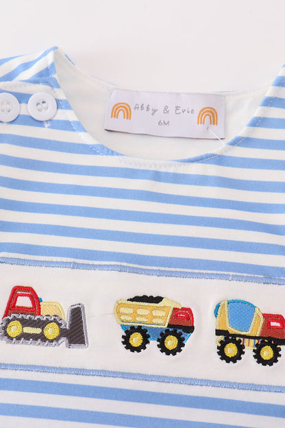 Blue Construction Trucks Embroidery - Baby Set