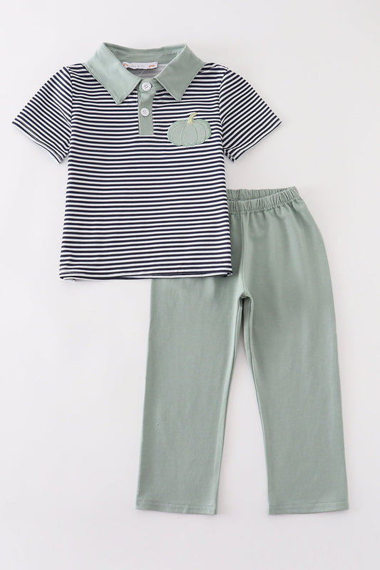 Sage Pumpkin Embroidery Stripe - Boy Set