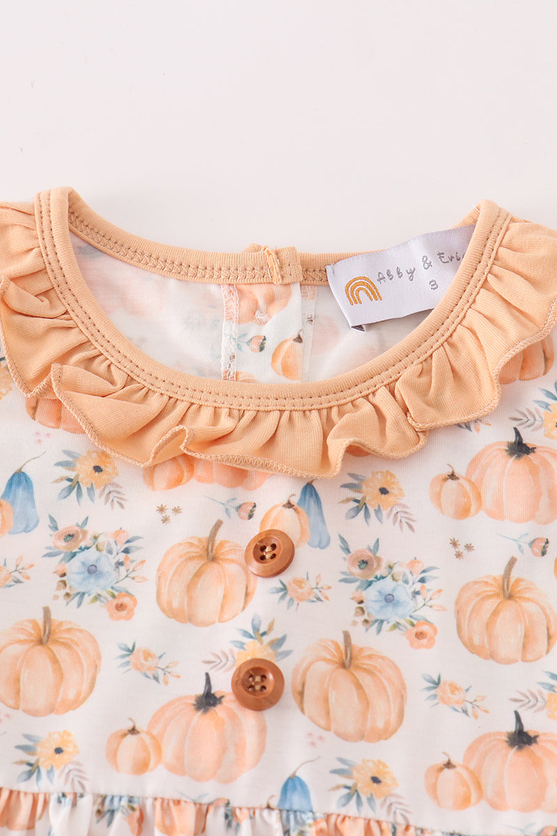 Orange Pumpkin Print Ruffle Dress