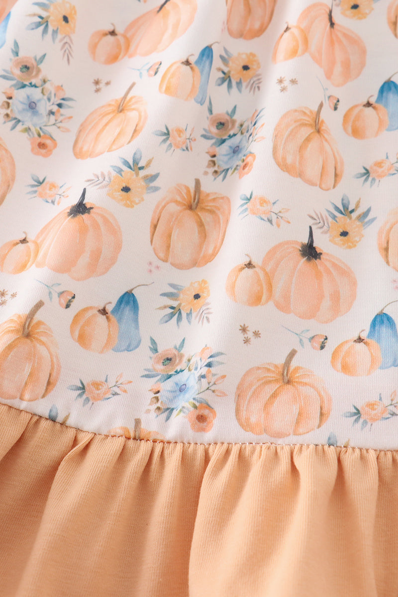 Orange Pumpkin Print Ruffle Dress