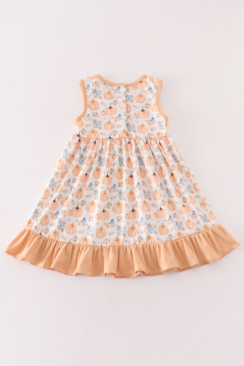 Orange Pumpkin Print Ruffle Dress