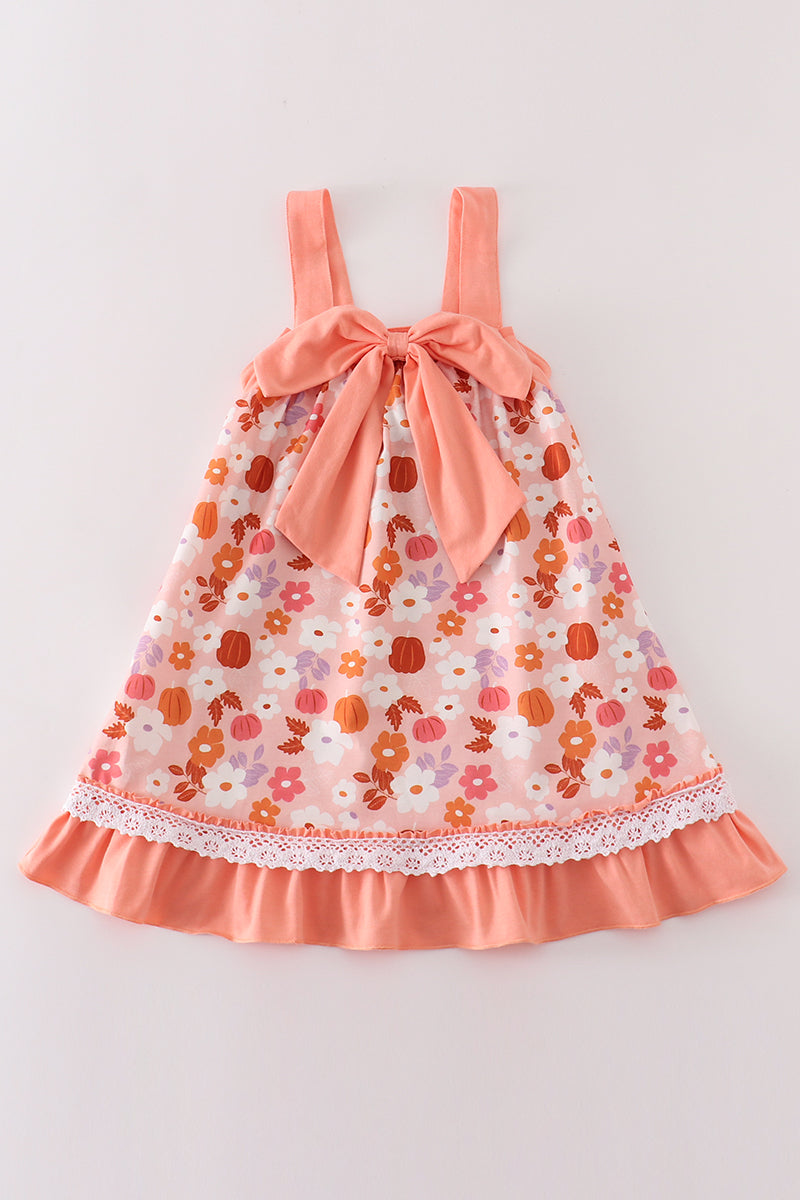 Pumpkin Floral Print Bow Dress