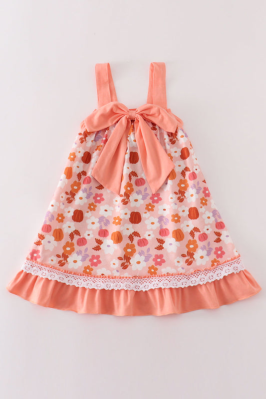 Pumpkin Floral Print Bow Dress