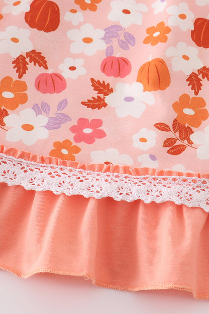 Pumpkin Floral Print Bow Dress