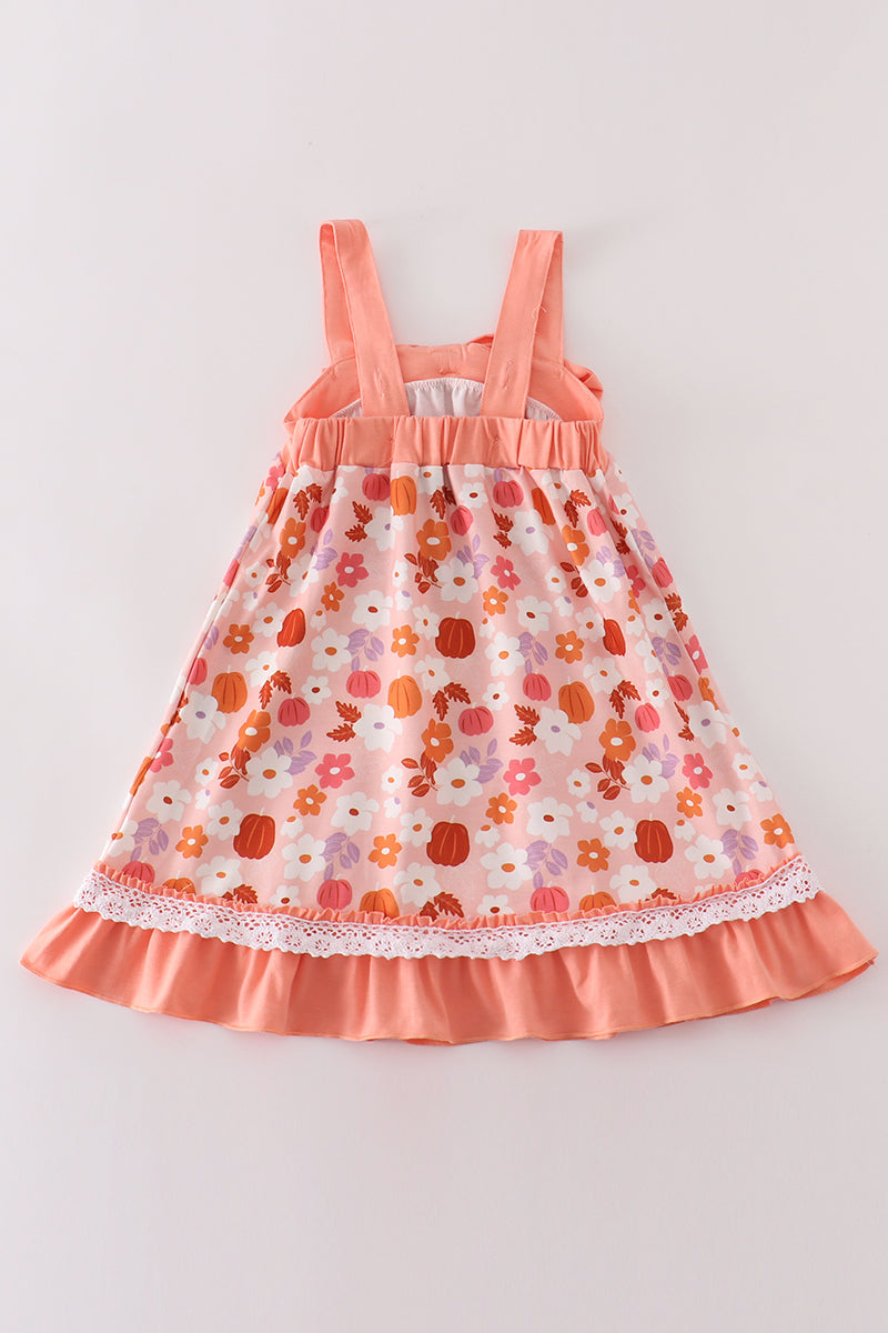 Pumpkin Floral Print Bow Dress